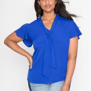 Blue flutter sleeve tie blouse